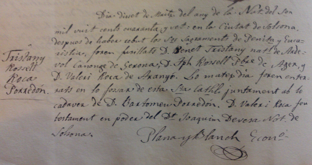 Registro del fusilamiento de Benet Tristany, Josep Rossell, preboste de Àger y Valeri Roca de Aranyó, redactado por Plana i Blanc,ecónomo de la parroquia de Solsona.