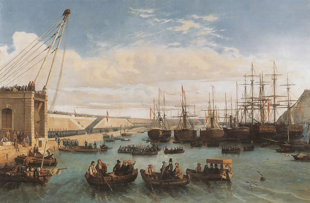 Puerto de Barcelona. Embarque de F.Fernández de Córdova al mando de la expedición militar a Italia. Oleo sobre lienzo. 87 x 130 cms. Anónimo. ca.1850. Museo Naval. Madrid. [inv. 6947]